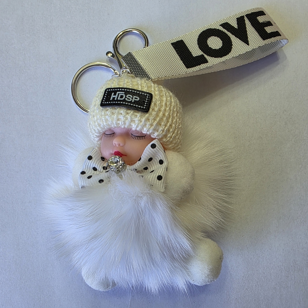 Cute Baby Sleeping Keychain with LOVE tag, Plush rabbit fur, Bag Charm